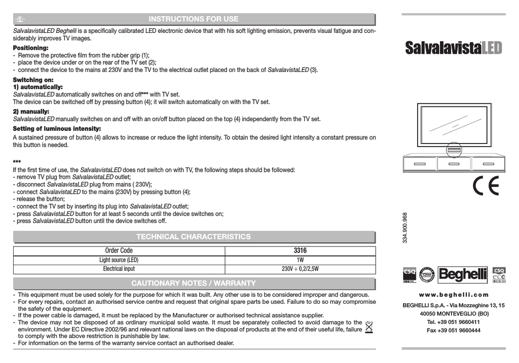 Beghelli Salvalavista LED Datasheet