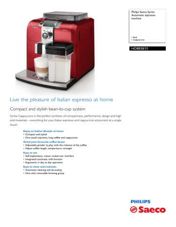 Saeco Syntia Super-automatic espresso machine HD8838/31 Datasheet | Manualzz