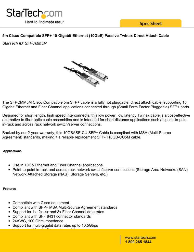 Gigabit Ethernet Twinax Direct Attach Cable StarTech SFPCMM5M 5m SFP 10