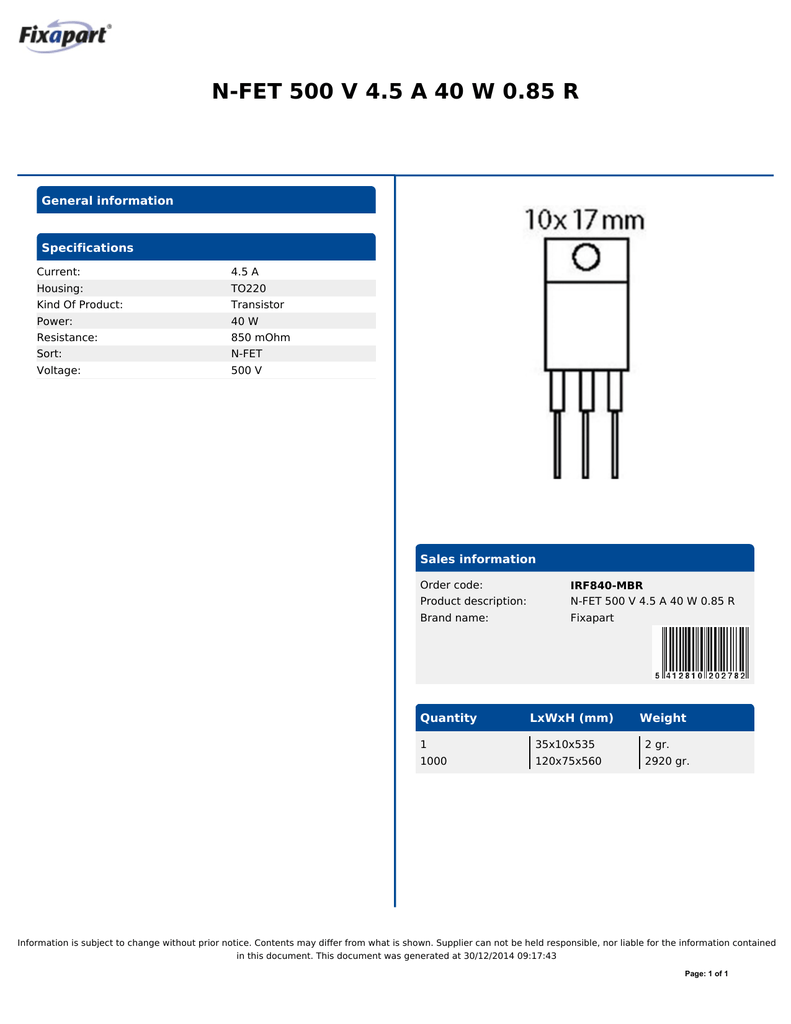 IRF840 Transistor N-FET 500V 4.5A 40W 0.85R
