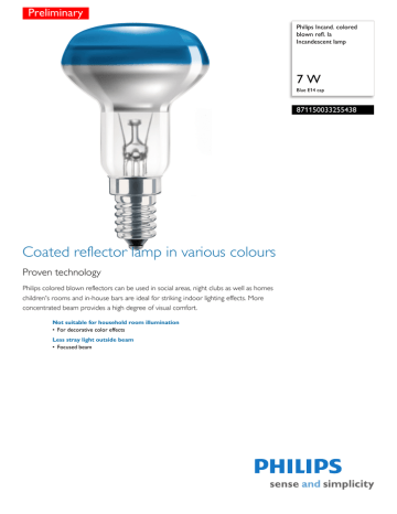Philips Incand. colored blown refl. la Incandescent lamp 871150033255438 Datasheet | Manualzz