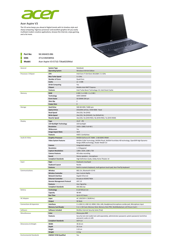 Acer aspire v3571g technische daten