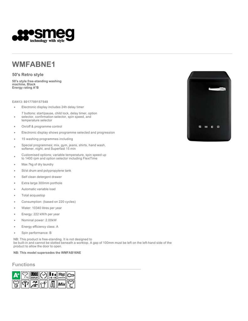 Smeg Wmfabne1 Washing Machine Datasheet Manualzz