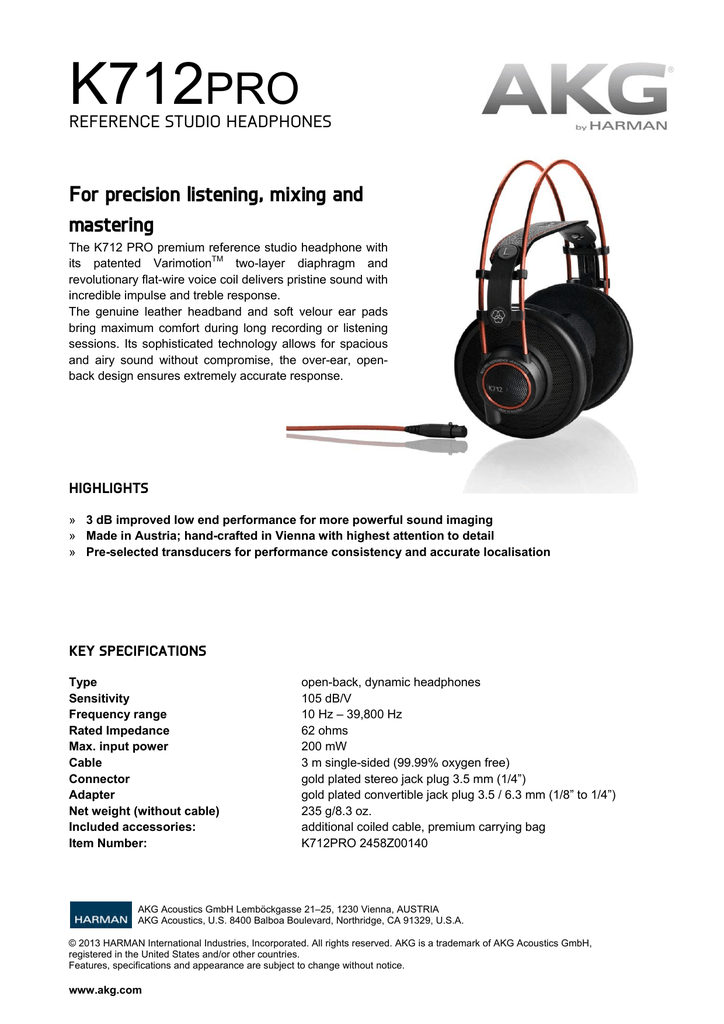 AKG K712 PRO Datasheet Manualzz