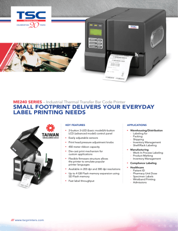 TSC ME240 band printer Datasheet | Manualzz