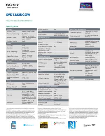 Sony VAIO SVD1322DCX Datasheet | Manualzz