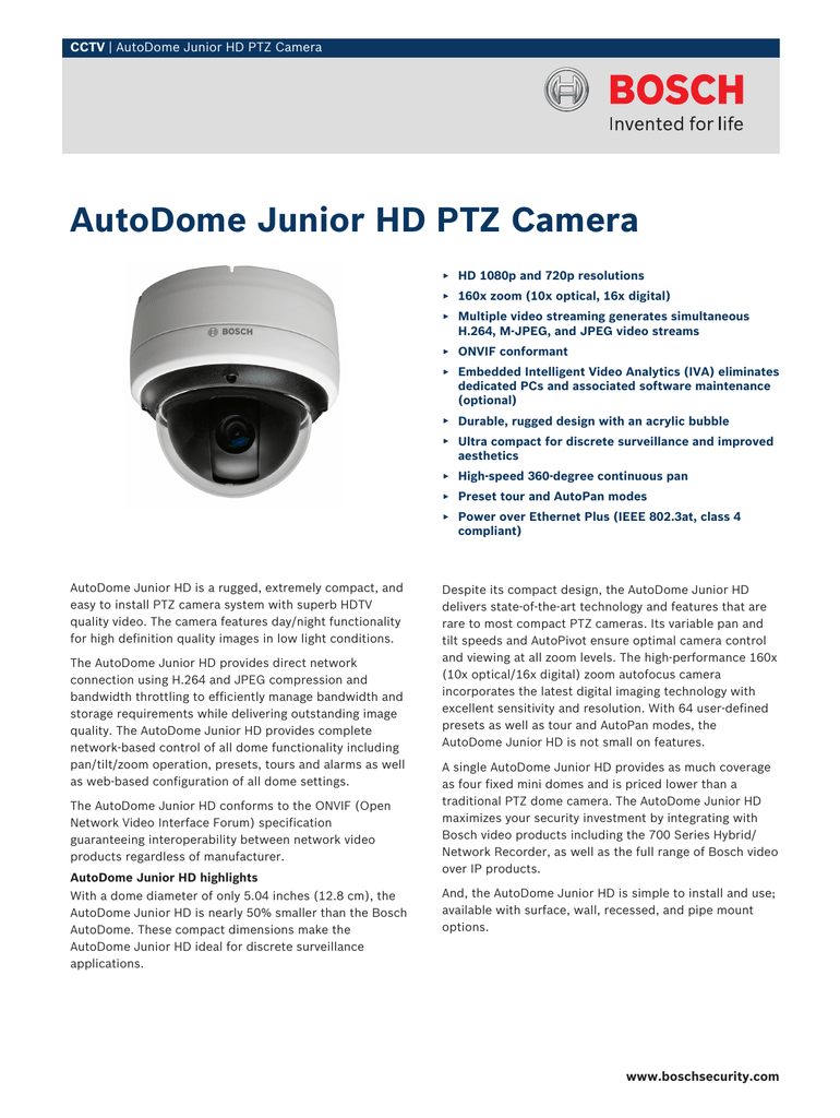 Monochrome BOSCH SECURITY VIDEO VJR-F801-IWCV Autodome Junior Network Camera