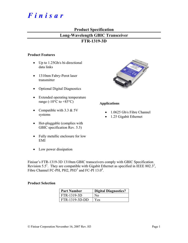 Single-Mode 1310 nm 1.25GB Finisar FTR-1319-3A Long-Wavelength GBIC Transceiver 