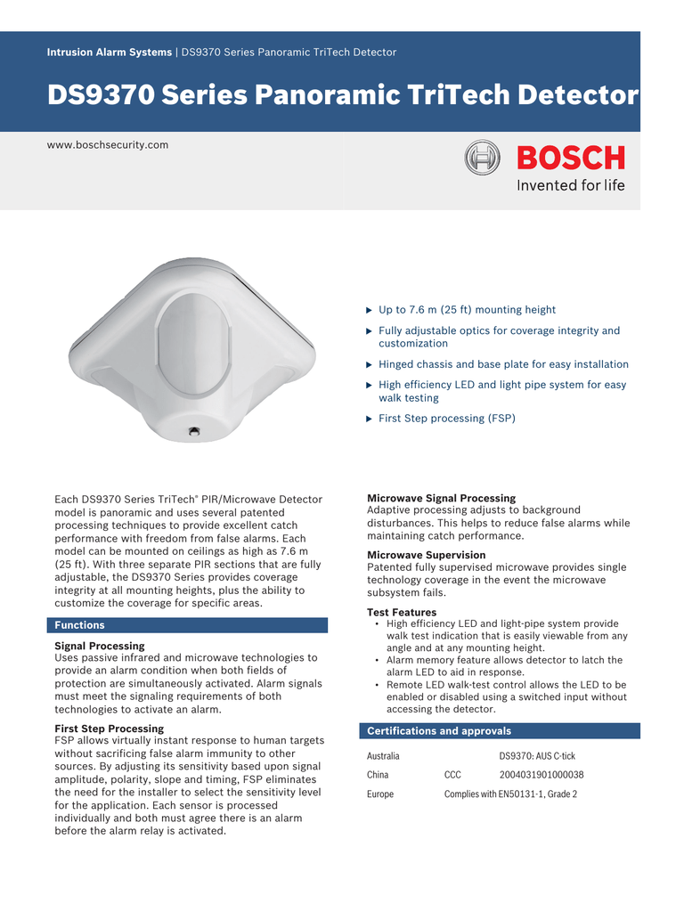 Bosch DS9370 motion detector Datasheet Manualzz