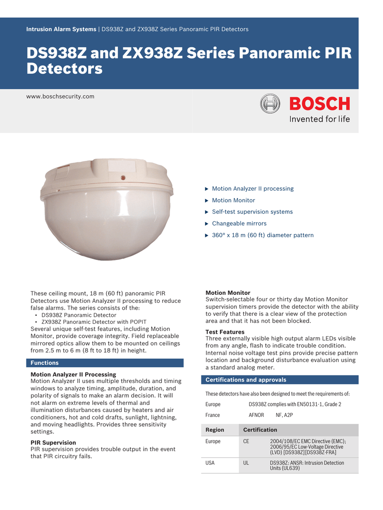 Bosch DS938Z motion detector Datasheet Manualzz