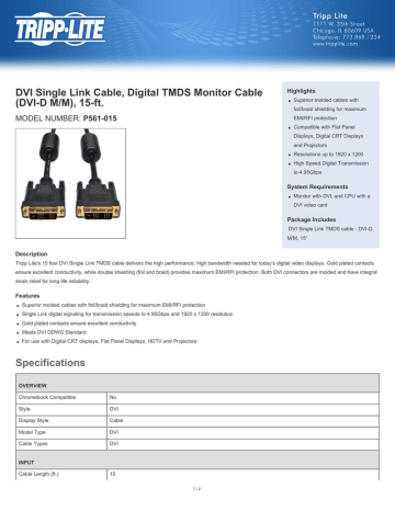 Tripp Lite DVI Single Link Cable, Digital TMDS Monitor Cable (DVI-D M/M), 15-ft. Datasheet | Manualzz