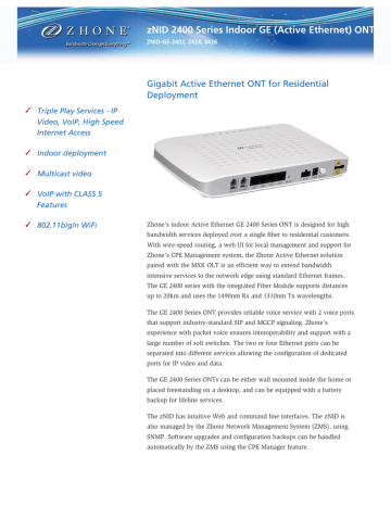 Zhone ZNID-GE-2402-NA router Datasheet | Manualzz