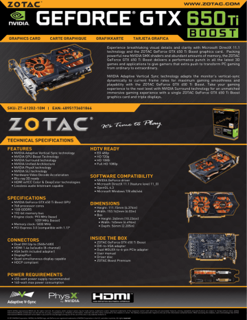 Zotac ZT-61202-10M NVIDIA GeForce GTX 650 Ti BOOST 1GB graphics card Datasheet | Manualzz