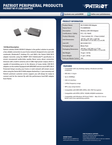 USB 2.0-802.11b/g/n Patriot N300 Wireless LAN USB Network Adapter 