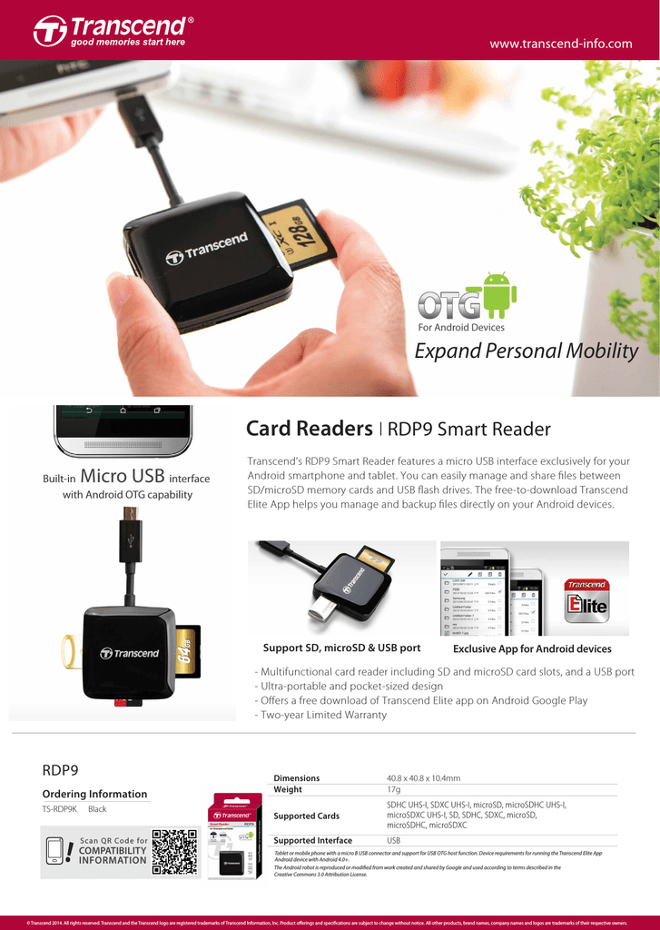 Transcend USB 2.0 OTG Card Reader Black TS-RDP9K SDHC SDXC microSDHC microSDXC