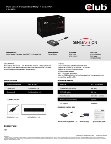 CLUB3D SenseVision MST HUB 1-4 DisplayPort Datasheet | Manualzz