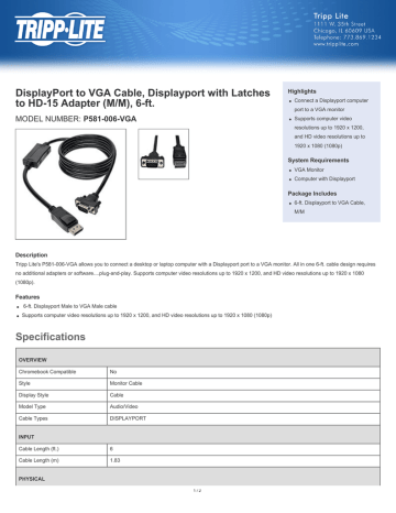 TRIPP LITE P581-006-VGA 6-Feet DisplayPort to VGA Cable Latches to HD-15 Adapter M//M