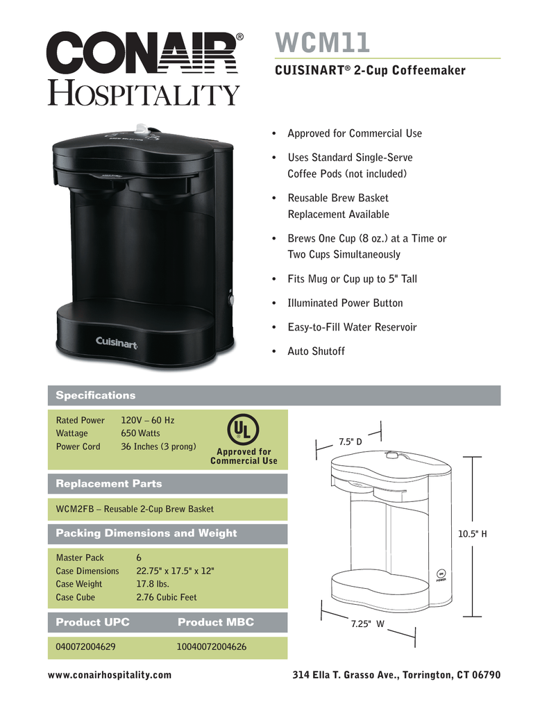 Conair Cuisinart 2-Cup Coffee Maker Brewer WCM11