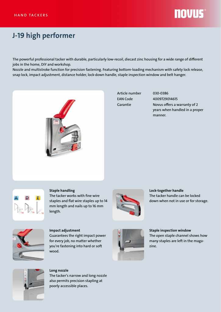 Professional Tacker With Metal Housing High Performer Novus Hand Tacker J-29 Professional Tacker With Metal Housing High Performer Novus Hand Tacker J-29