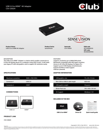 CLUB3D SenseVision USB 3.0 to HDMI 4K Graphics Adapter Datasheet | Manualzz