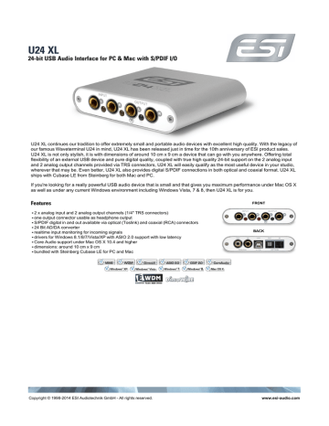 Interfaccia Audio ESI U24 XL - USB 24-bit Con Ottico/Coassiale Per PC E Mac - Include Cubase LE