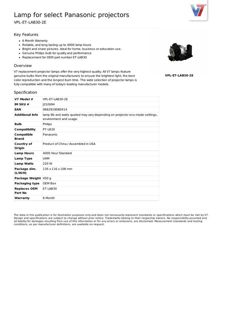 V7 Lamp For Select Panasonic Projectors Manualzz Com V7 Lamp For Select Panasonic Projectors