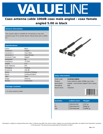 Valueline VLSP40110B50 coaxial cable Datasheet | Manualzz