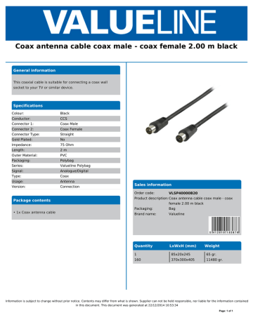 Valueline VLSP40000B20 coaxial cable Datasheet | Manualzz