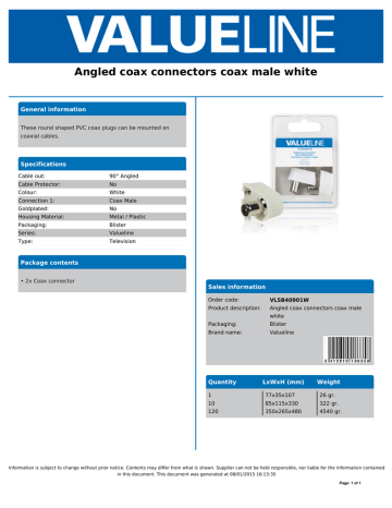 Valueline VLSB40901W coaxial connector Datasheet | Manualzz