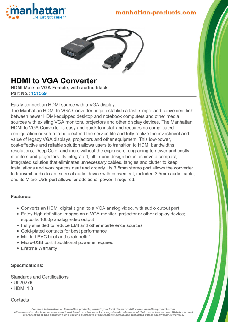 R Audio Converter Cable MANHATTAN 151559 HDMI AM-VGA