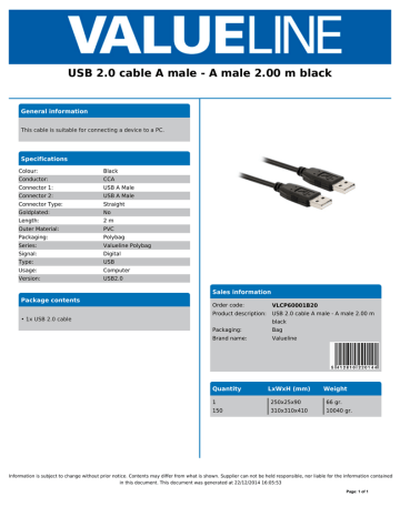 Valueline VLCP60001B20 USB cable Datasheet | Manualzz