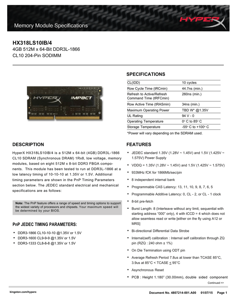 Kingston Technology HX318LS10IB/4 Datasheet | Manualzz