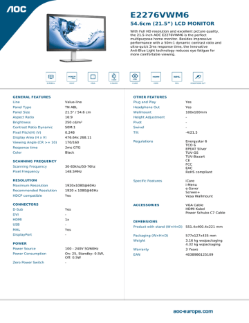 AOC E2276VWM6 LED display Datasheet | Manualzz
