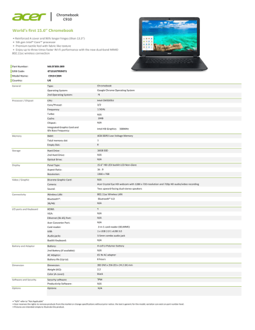 Acer Chromebook C910-C3B4 Datasheet | Manualzz