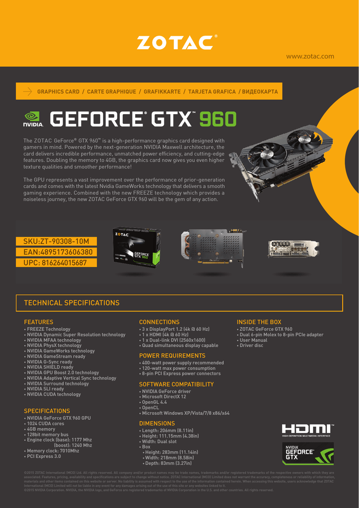 Zotac Zt 10m Nvidia Geforce Gtx 960 4gb Graphics Card Datasheet Manualzz
