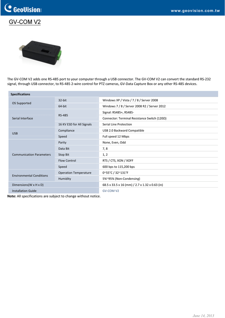 GeoVision GV-COM PTZ Controller RS-485 Data Interface Converter USB to RS-232 