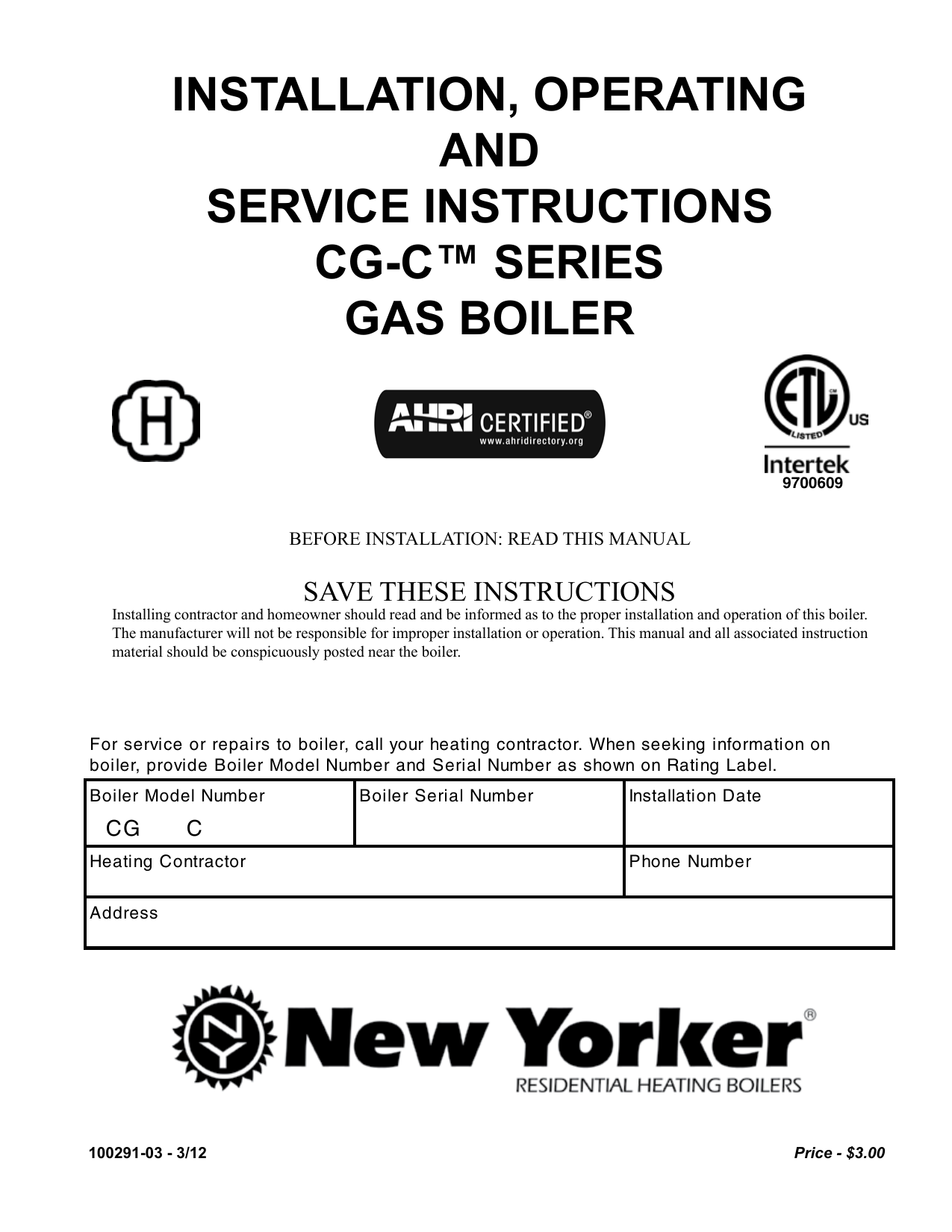 New Yorker Boiler Parts Manual
