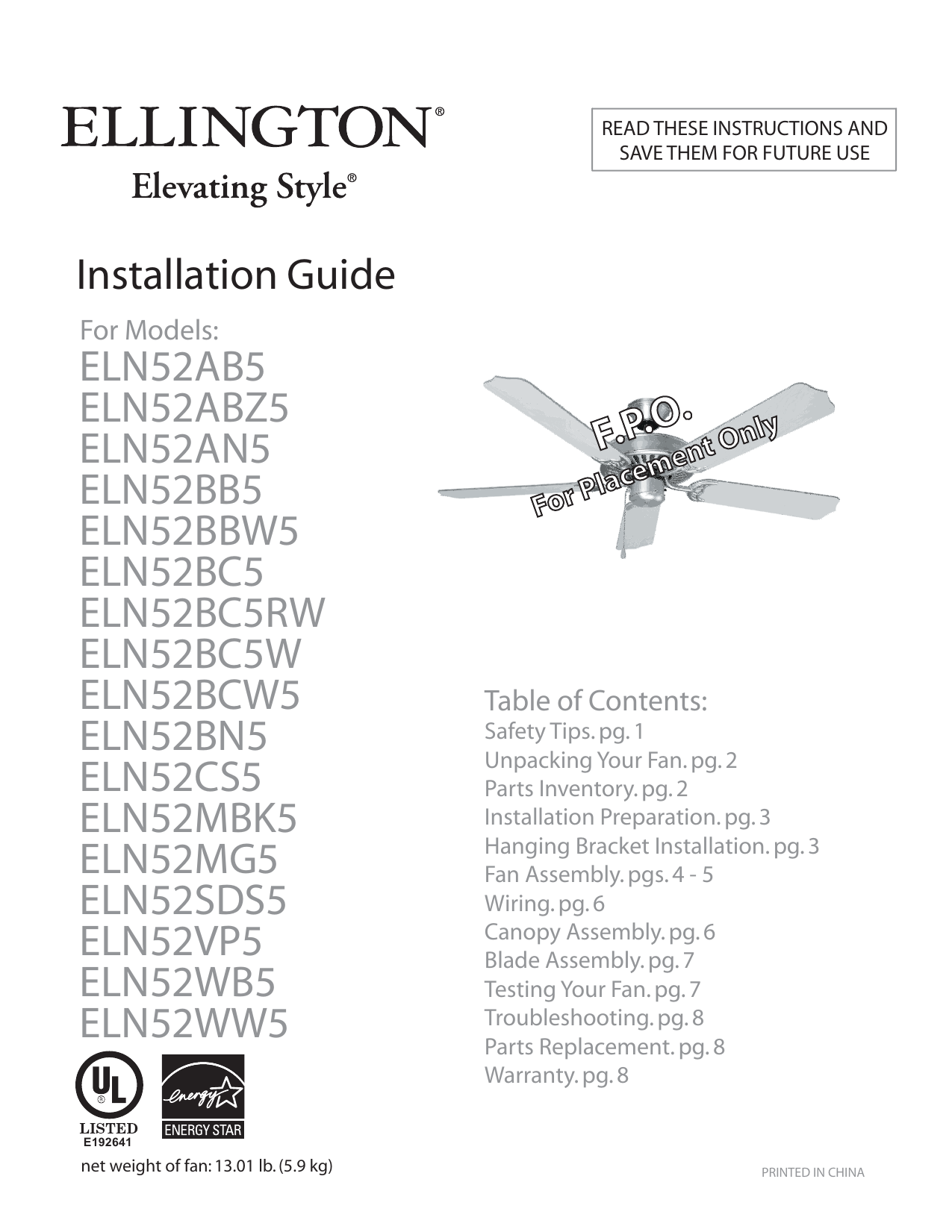 Ellington 52 Inch Ceiling Fan Installation Instructions Manualzz