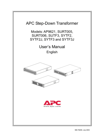 APC Step-Down Transformer Manual (AP9621, SURT005, SURT006) | Manualzz