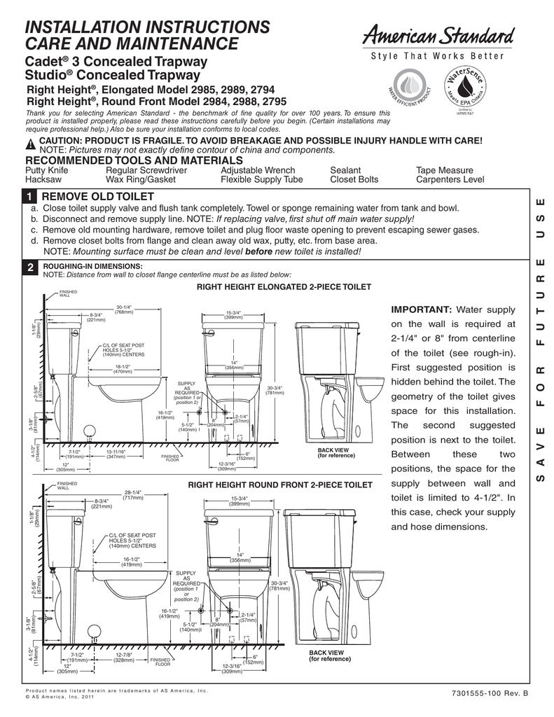 American Standard Bathroom Aids Cadet 3 Concealed Trapway User manual