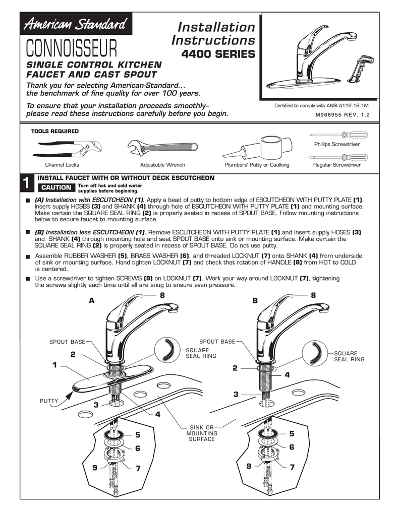 American Standard Connoisseur 4400 Series User S Manual Manualzz