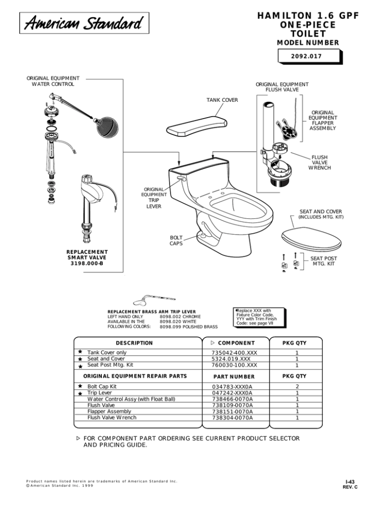 American Standard Hamilton Elongated Space Saving One Piece Toilet 92 017 User Manual Manualzz
