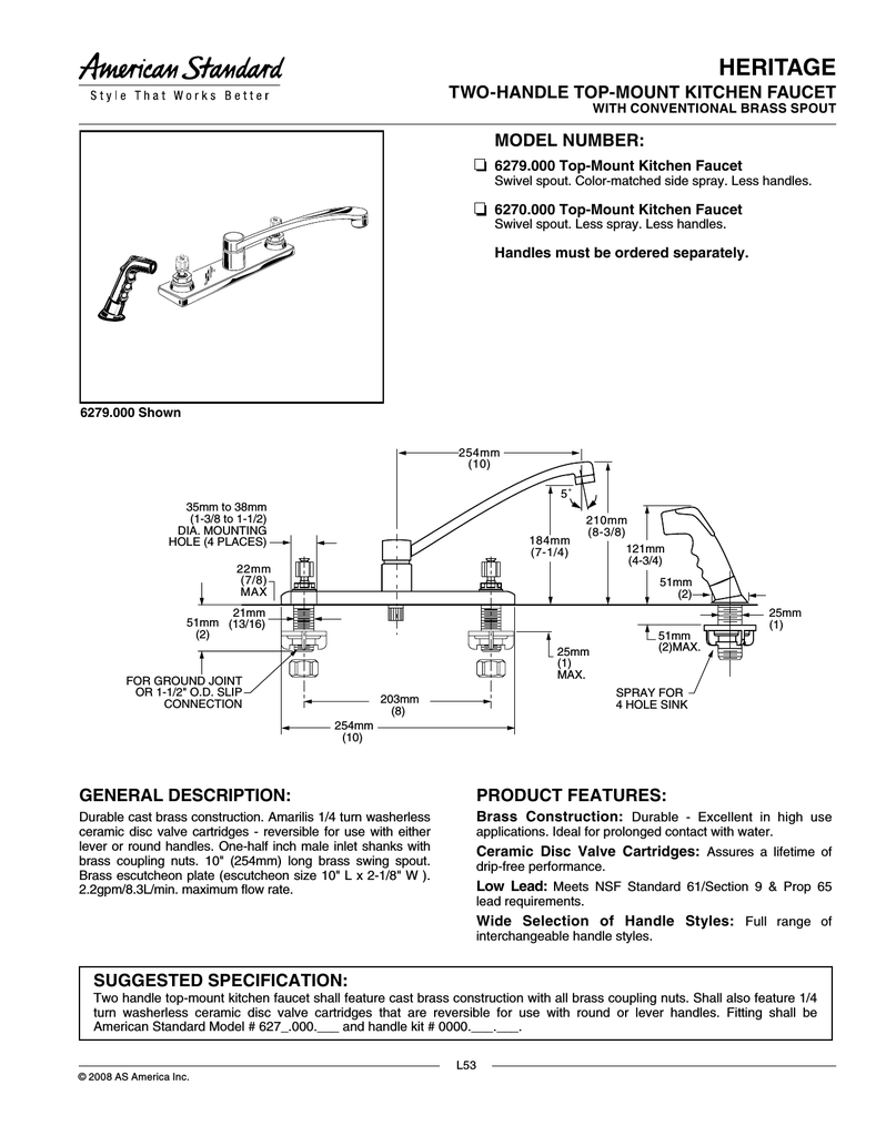 American Standard Heritage Kitchen Faucet 6270 000 User S Manual