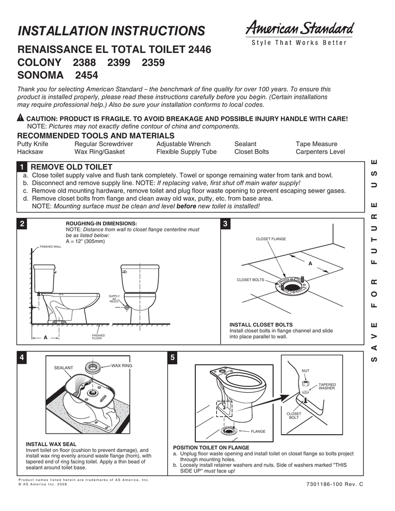 American Standard Ranaissance El Total Toilet 2446 User's Manual | Manualzz