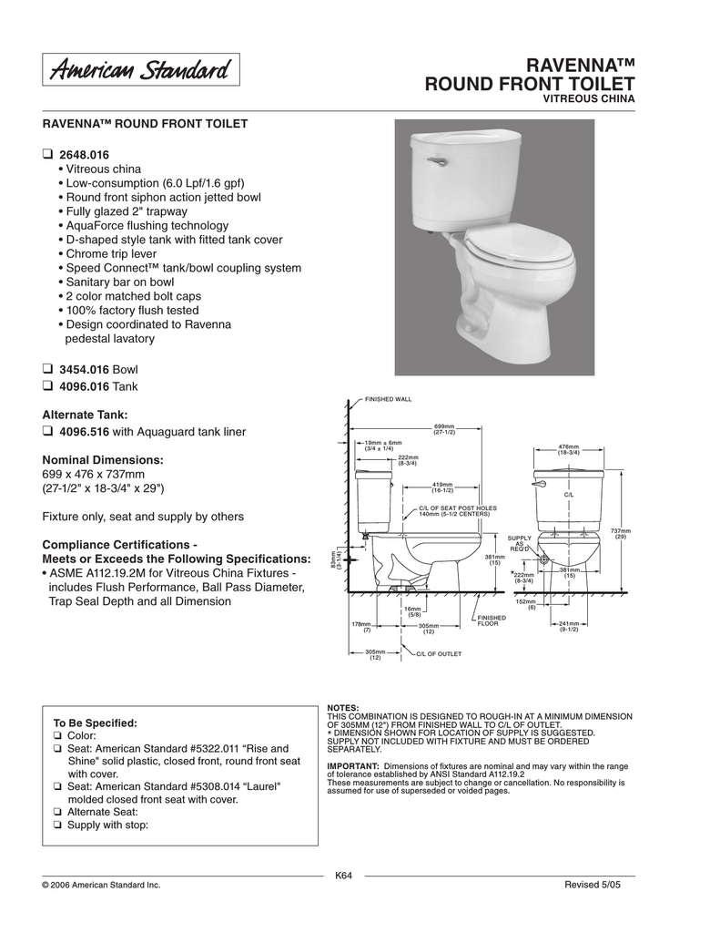 American Standard Ravenna Round Front Toilet 4096.016 User manual ...