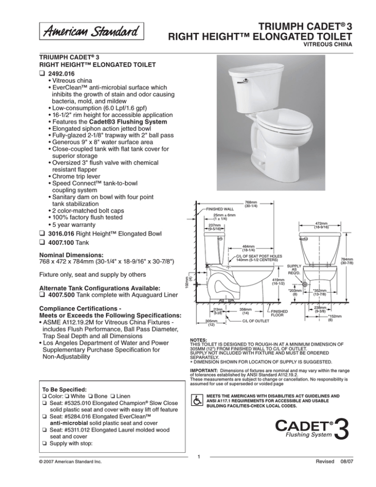 American Standard Right Height Elongated Toilet Triumph Cadet 3 User ...