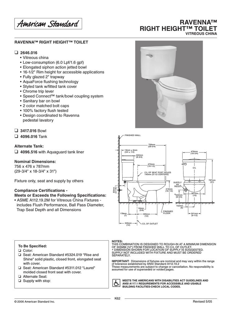 American Standard Right Height Toilet Ravenna User's Manual | Manualzz