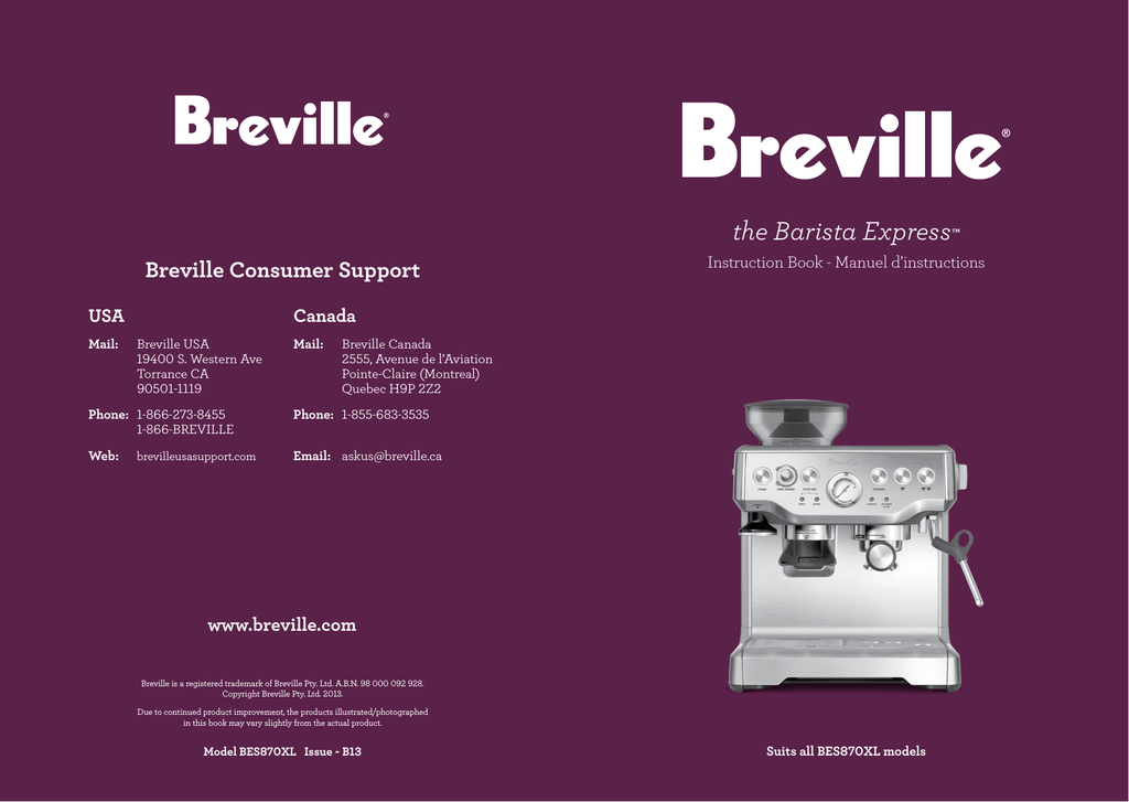 Breville Bes870xl Bes870xl Models Bes870cbxl User Manual Manualzz