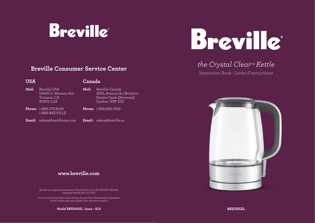 Breville The Crystal Clear 1800W Glass Tea Kettle 7 Cup / 1.7L BKE595XL NEW