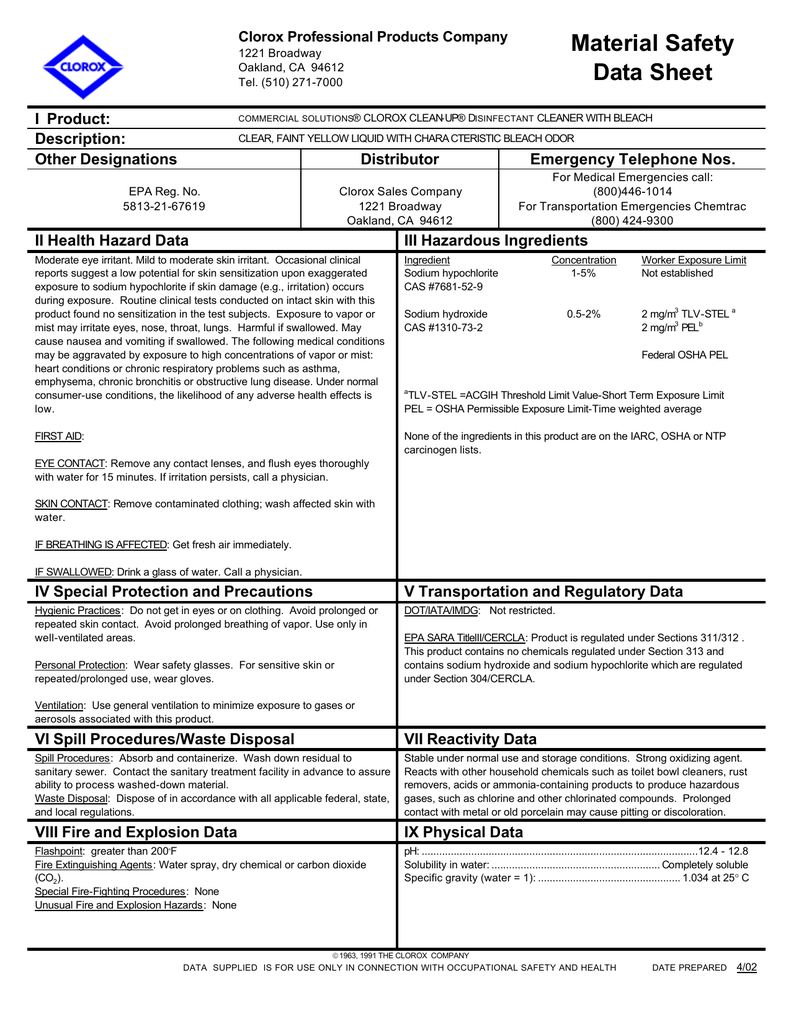 clorox commercial solutions msds